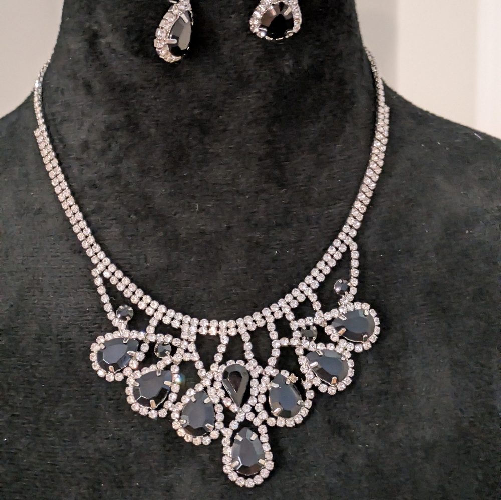 Set Of 3. Black Clear Rhinestone Teardrop 8" Necklace And Earring